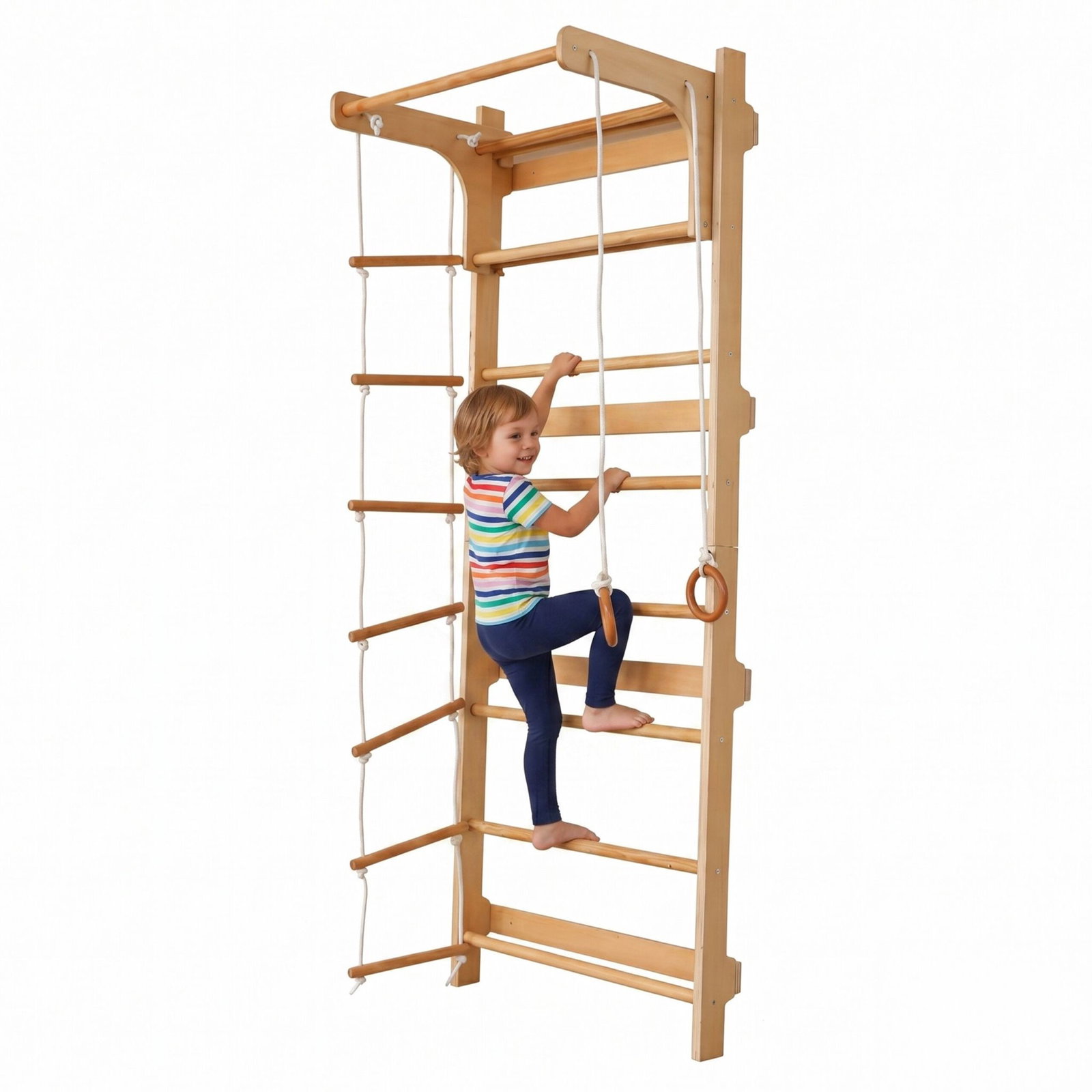 Échelle murale de gym pour enfants avec barre de traction, en bois naturel