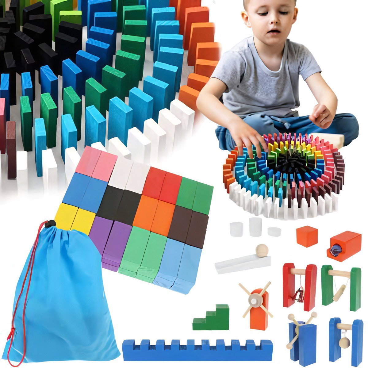 Jeu de dominos en bois - 407 pièces avec sac de rangement